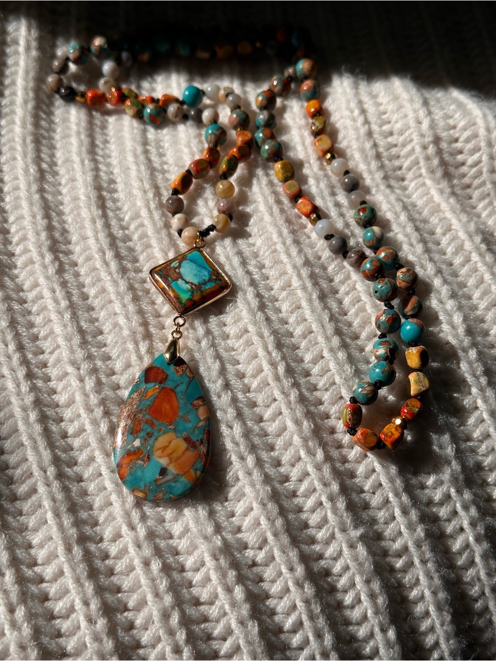 Boho multi stone beaded pendant necklace multi color